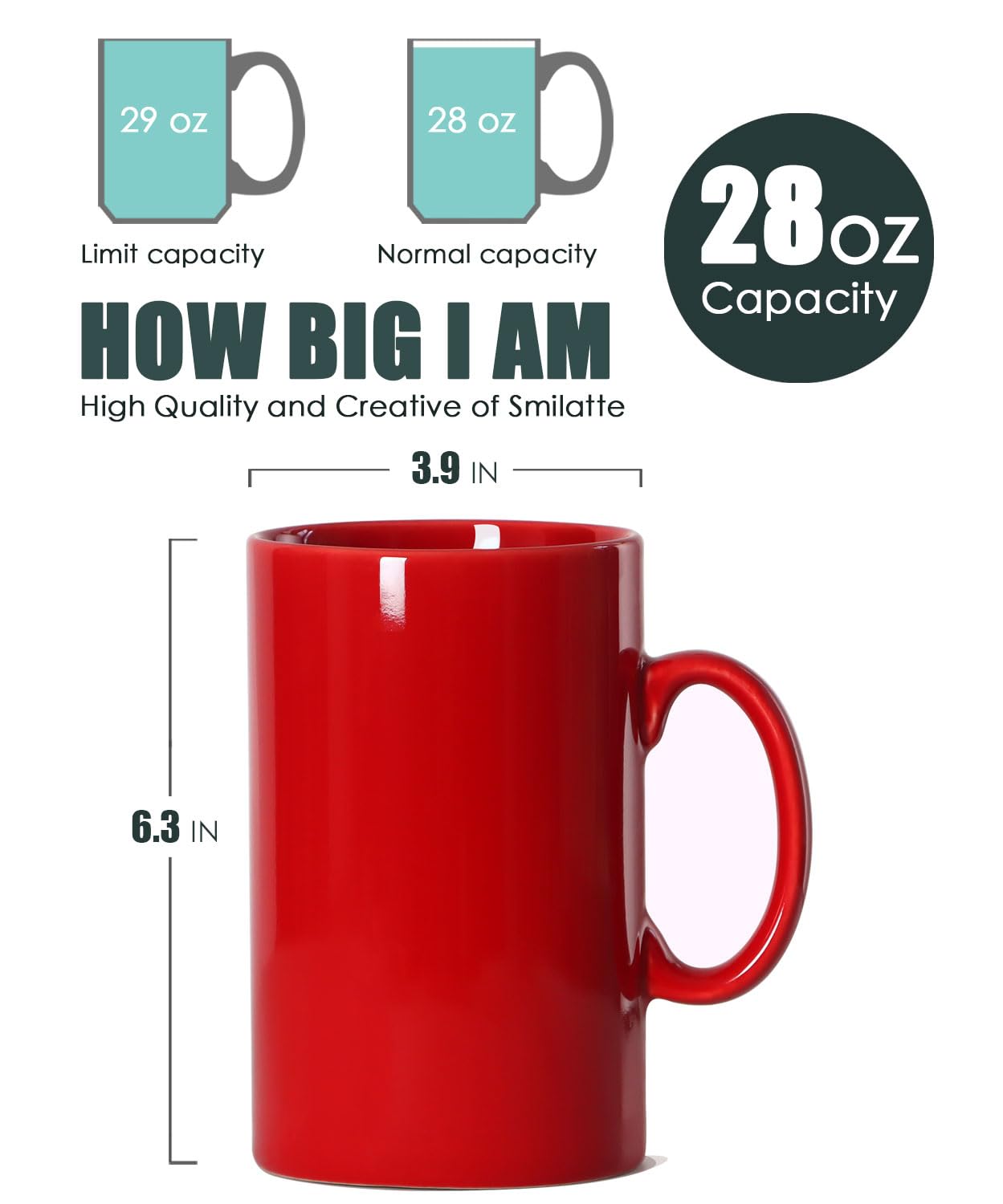 28 OZ Extra Large Ceramic Coffee Mug, Smilatte M018 Classic Porcelain Boss Super Big Tea Cup with Handle for Office and Home, Red
