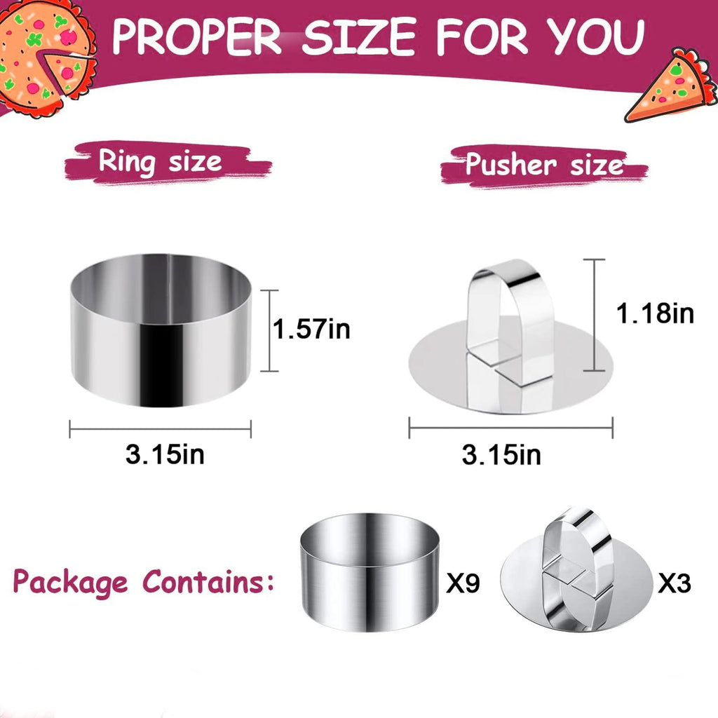 9 Pack Stainless Steel Round Cake Mousse Mold with Pusher,Small Round Pastry Cake Baking Rings,Round Cake Mold Rings for Home Kitchenware (3.15" in Diameter)