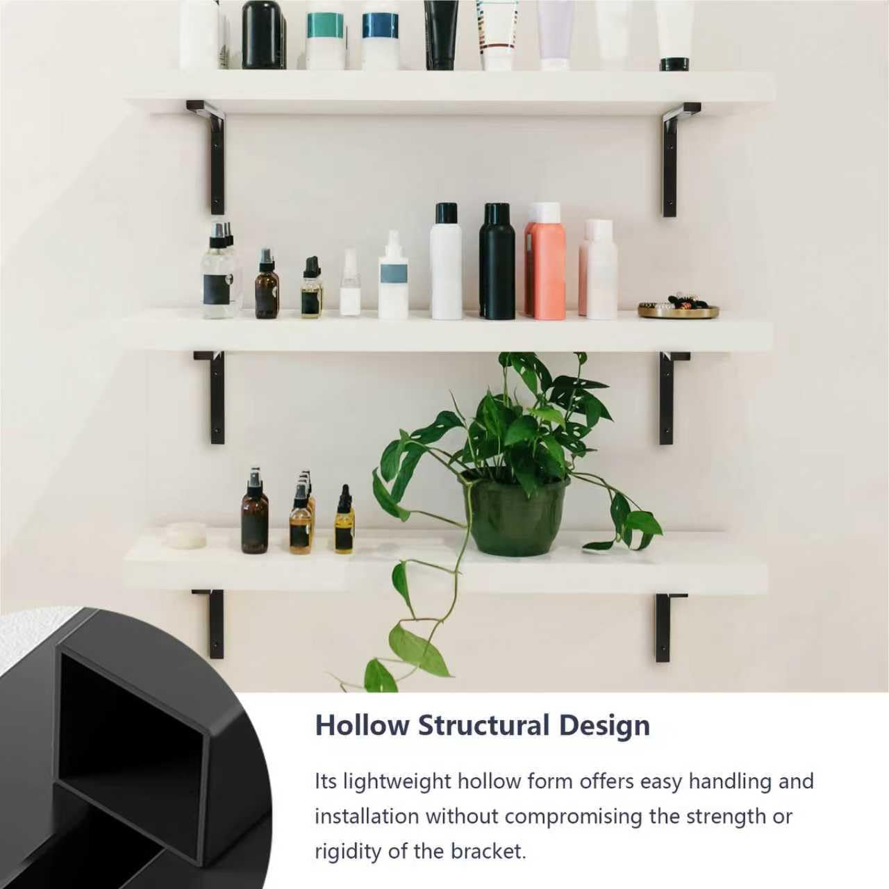 Terafeels 4 Pack Black Shelf Brackets – Stainless Steel L Shaped Wall Shelf Supports with Triangular Reinforcement, Hollow Design, Screws and Wall Plugs Included 6 Inch