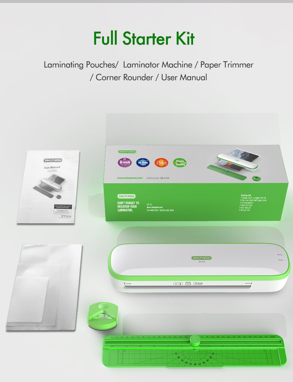 SINOPUREN Laminator Machine 9-Inch Thermal – Fast Warm-Up, Jam-Free, Quiet – Includes Sheets, Cutter & Corner Rounder – for Home, School, Office – Fits A4 & Letter Size – Made for Canada