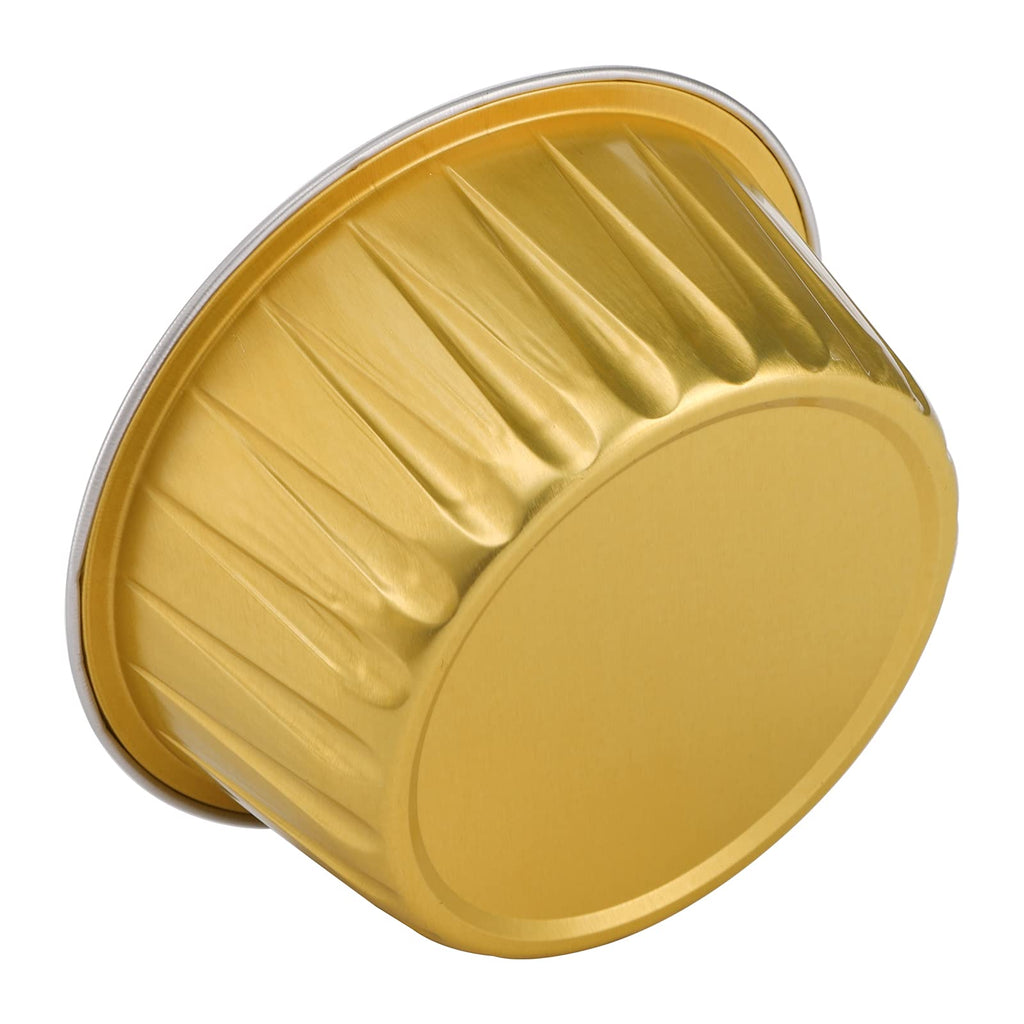 DEAYOU 100-Pack Aluminum Foil Baking Cups with Lids, 5oz Muffin Cupcake Ramekins, 3" Recyclable Cupcake Foil Liners Mini Tart Pie Tin Pan Holder for Souffle, Pudding, Party, Wedding, Gold