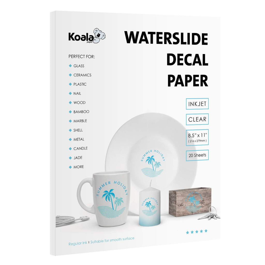 Koala Waterslide Decal Paper INKJET CLEAR, 20 Sheets 8.5x11 Inch Water Slide Transfer Paper Transparent Printable Waterslide Paper for DIY Tumbler, Mug, Nails