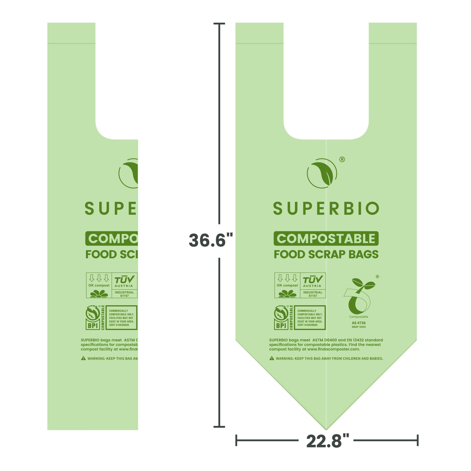 SUPERBIO Compostable Food Scrap Bags,49.2L. Certified by BPI (commercially compostable only), Seedling,OK compost HOME and OK compost INDUSTRIAL, 30 Count