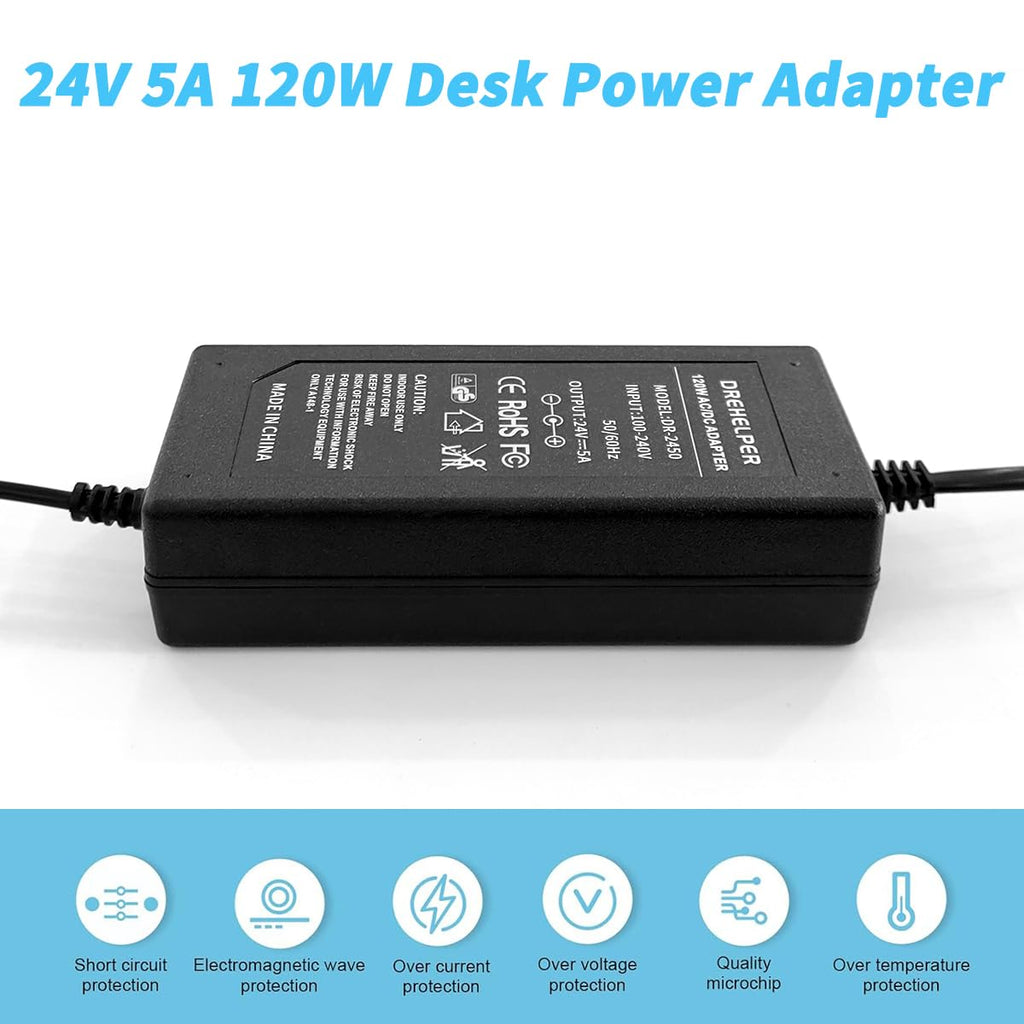 DREHELPER® 24V 5A 120W Power Adapter, Input AC100-240V Output DC24V Transformer, 24 Volts DC Power Supply for 24V 5050 2835 COB LED Strip Light CCTV Camera Monitor Printer Scanner 24V Power Cord