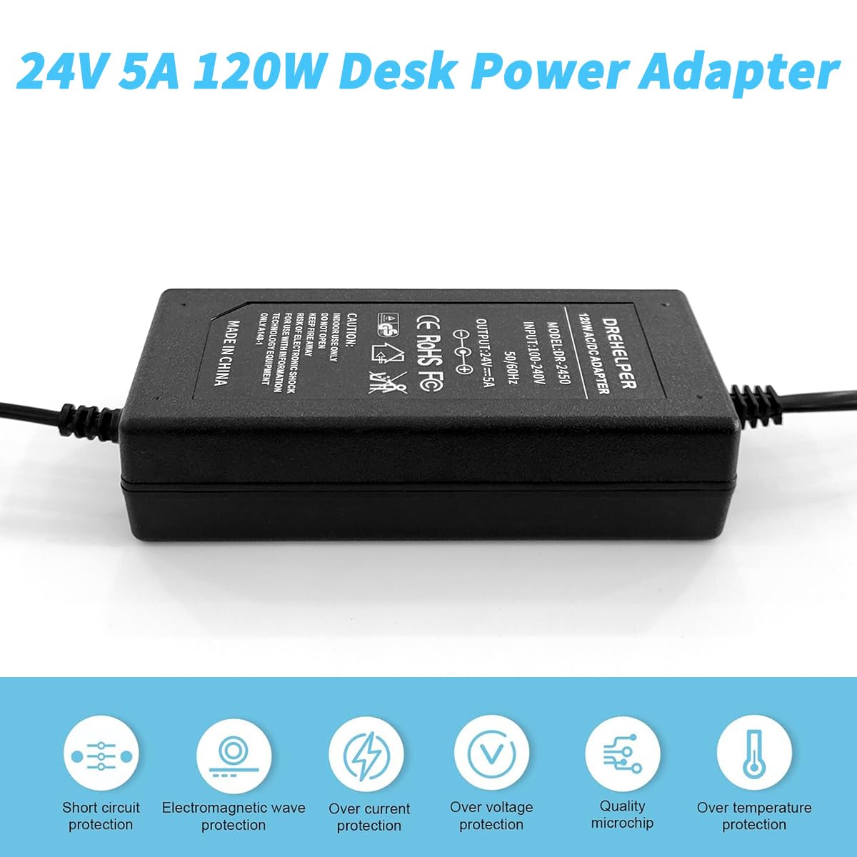 DREHELPER® 24V 5A 120W Power Adapter, Input AC100-240V Output DC24V Transformer, 24 Volts DC Power Supply for 24V 5050 2835 COB LED Strip Light CCTV Camera Monitor Printer Scanner 24V Power Cord