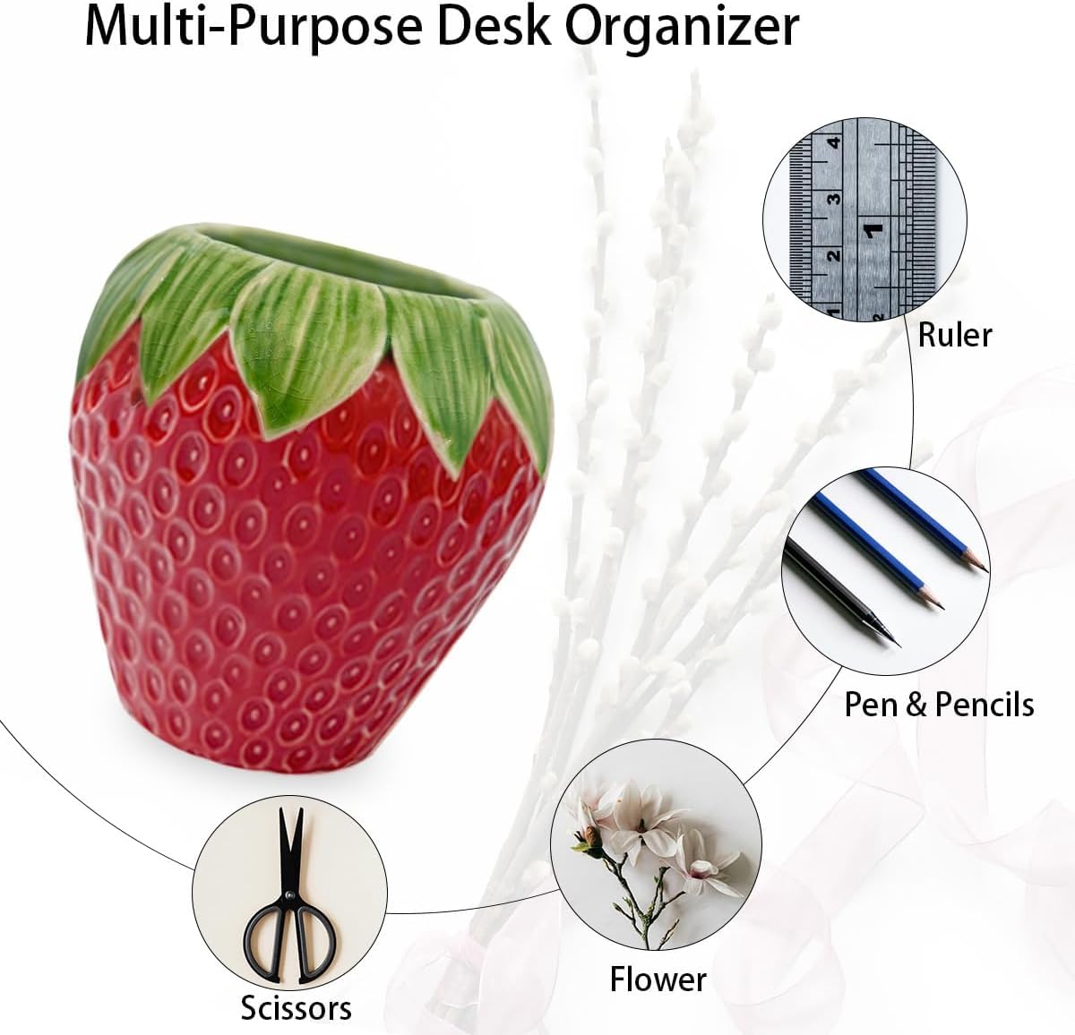 Ceramic Pen Holder, Cute Pen Holder for Desk, Pen Stand Makeup Brush Holder for School, Home, Office(Strawberry)