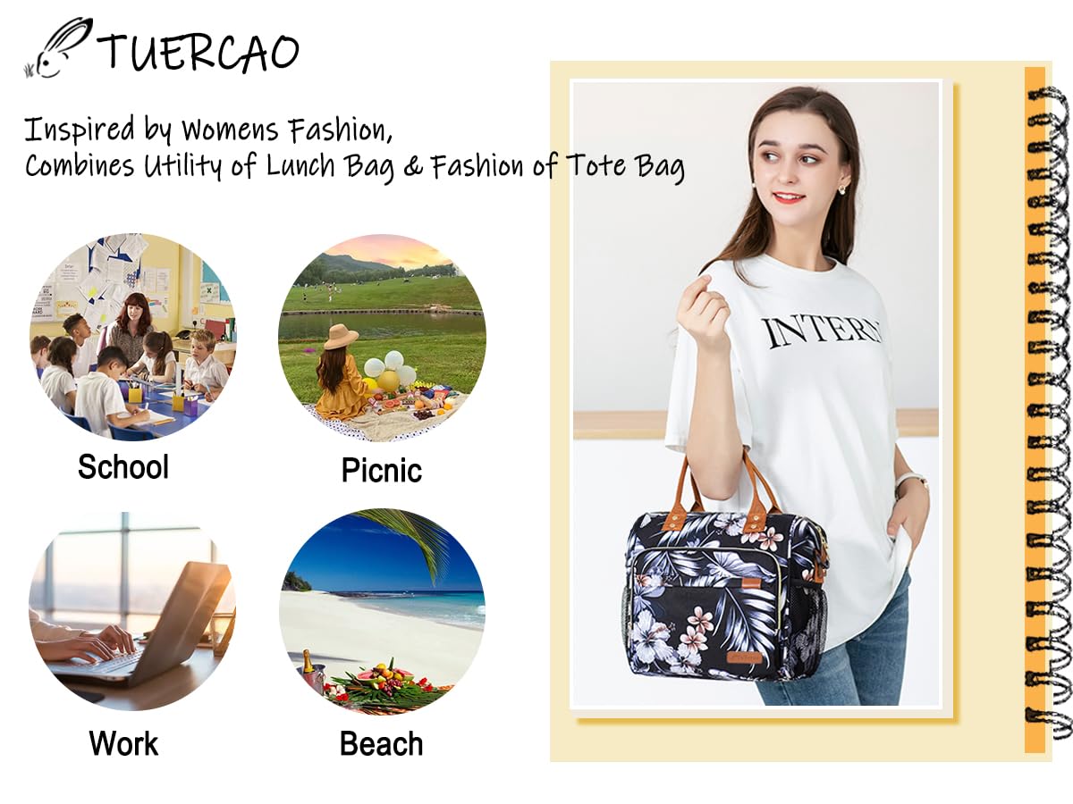 TuErcao Lunch Bags for Women - Boite a Lunch Femme Reusable Adult Sac a Lunch for Work, Hibiscus