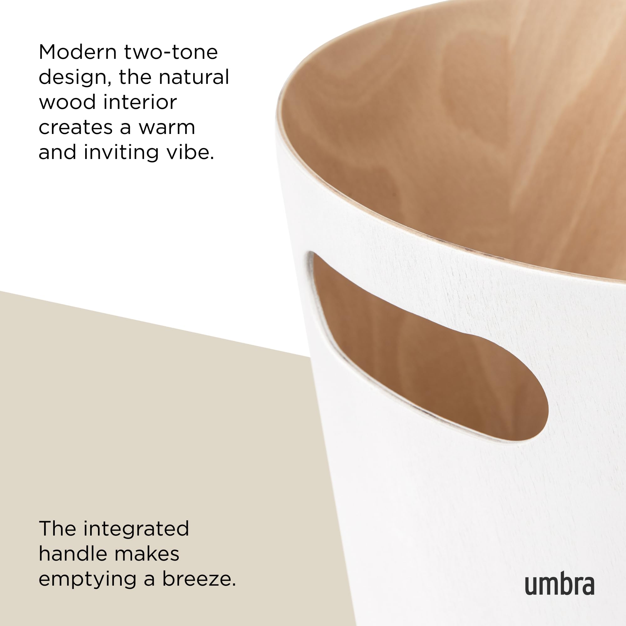 Umbra Woodrow 2-Gallon Modern Wooden Trash Can Wastebasket, Attractive Bin for Garbage or Recycling, Suitable for Home or Office, White/Natural
