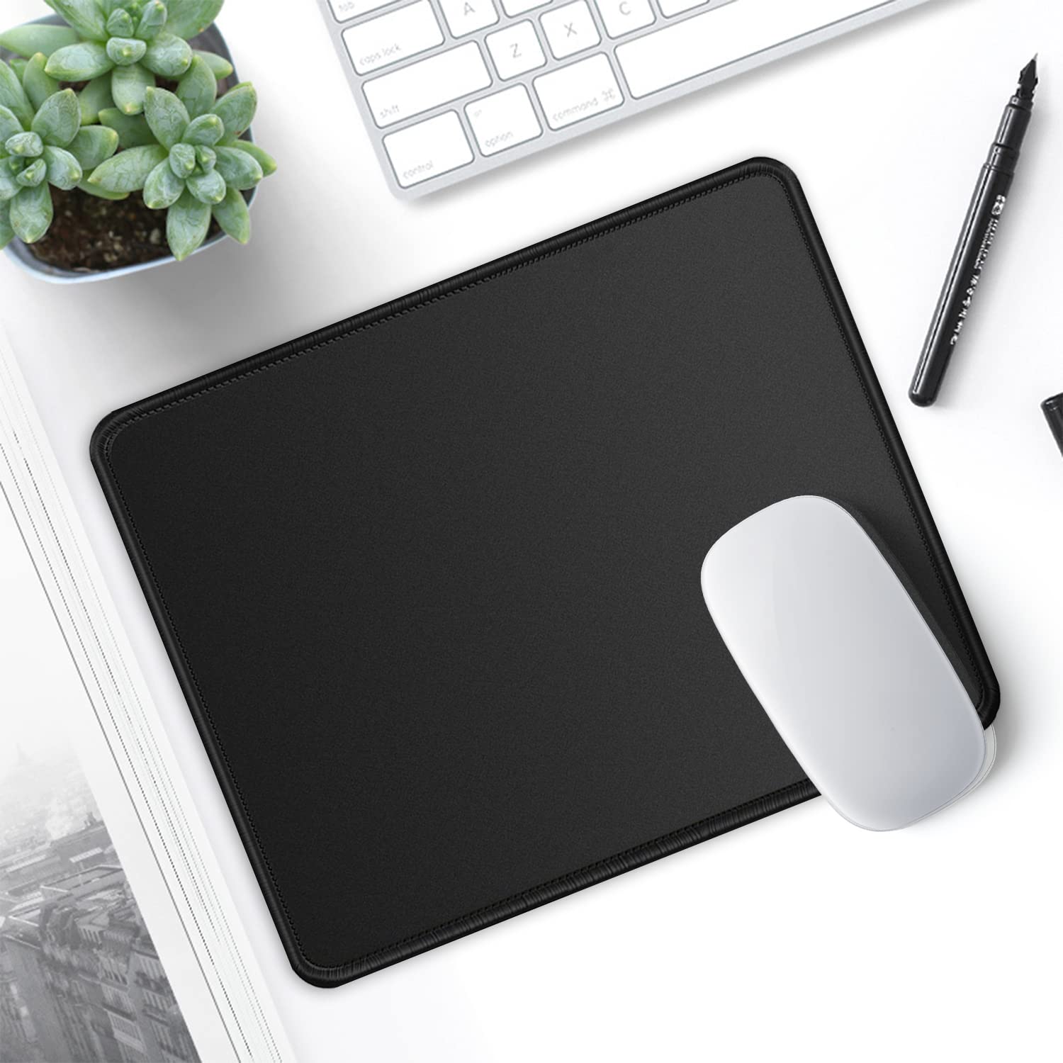 ITNRSIIET 4 Pack Mouse Pad with Stitched Edge Premium Textured Square Mouse Mat Washable Non-Slip Rubber Base Smooth Precise Operation Desktop Protection Mat, 10.2×8.3×0.12 inches, Black