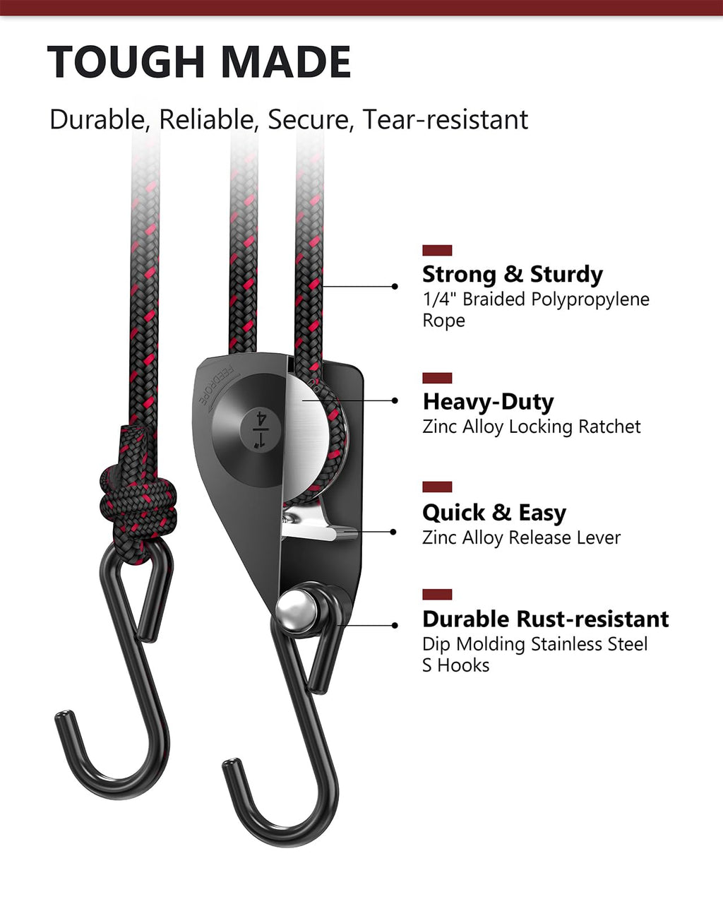 VIPARSPECTRA Ratchet Tie Down Straps, 1/4" Adjustable Rope Hangers [2 Pack, 12FT, 150 lbs/Pack], Heavy Duty Rope Pulley System with Hooks for Garage Cargo Trucks Tents Grow Lights Various Lashing