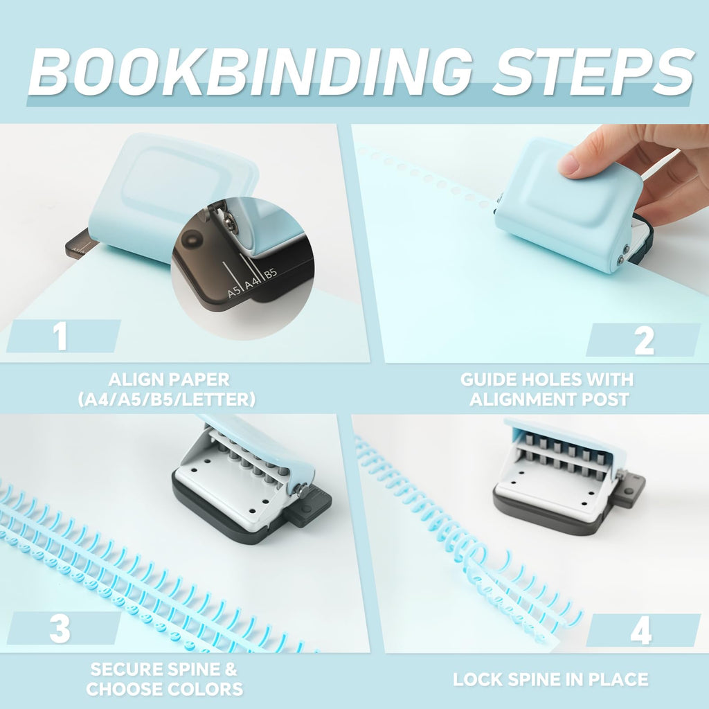 Spiral Binding Machine-Mini 6 Hole Puncher, DIY Creative Book Binder Machine for Planner, A4-30 Holes, A5-20 Holes, B5 26 Hole with 16 PCS 6-Hole Loose Leaf - Blue
