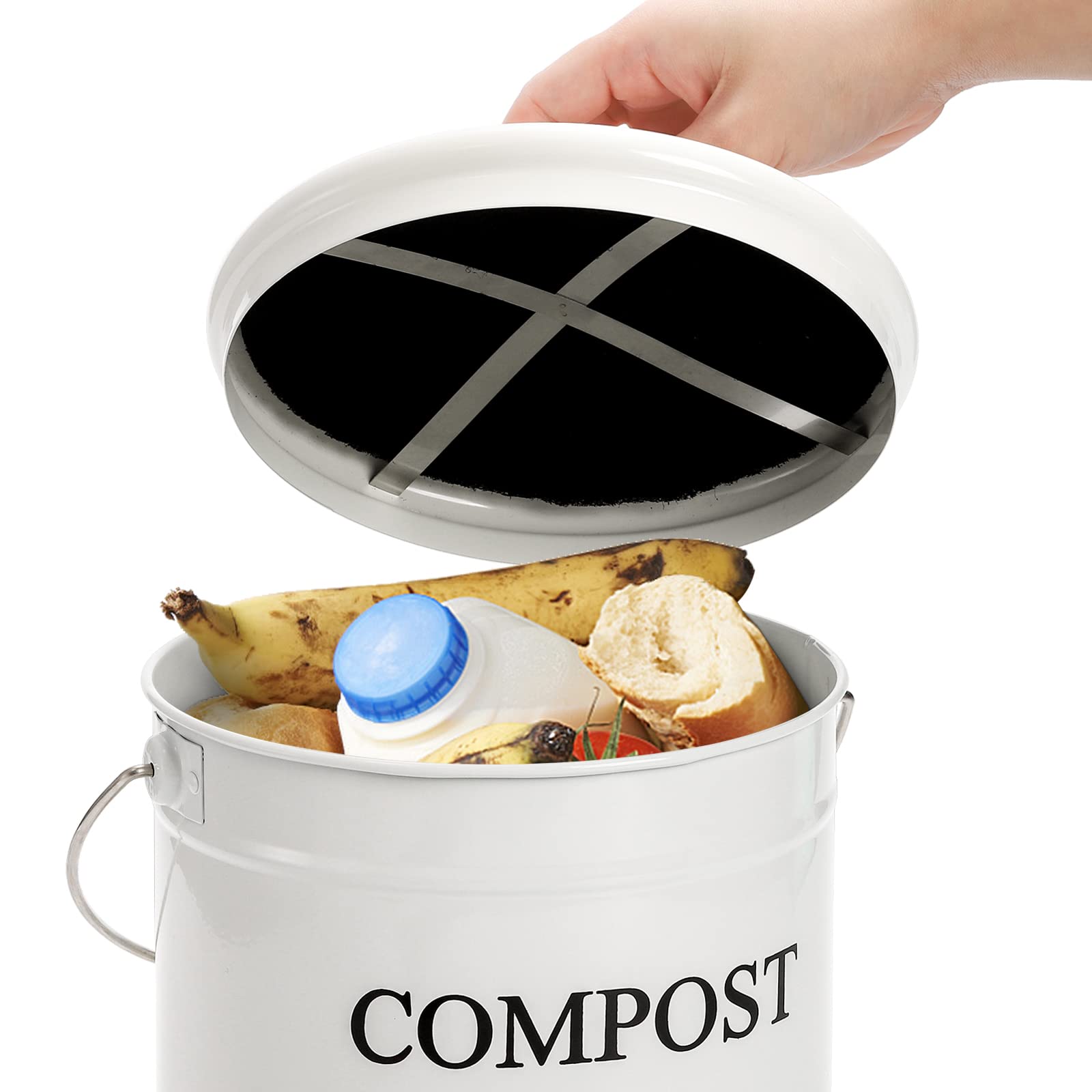 AVLA Compost Bin Kitchen Countertop, 1 Gallon Composter Pail, Food Waste Composting Bucket, Odorless Trash Keeper Container, White Scraps Caddy with Charcoal Filter, Carrying Handle, Lid