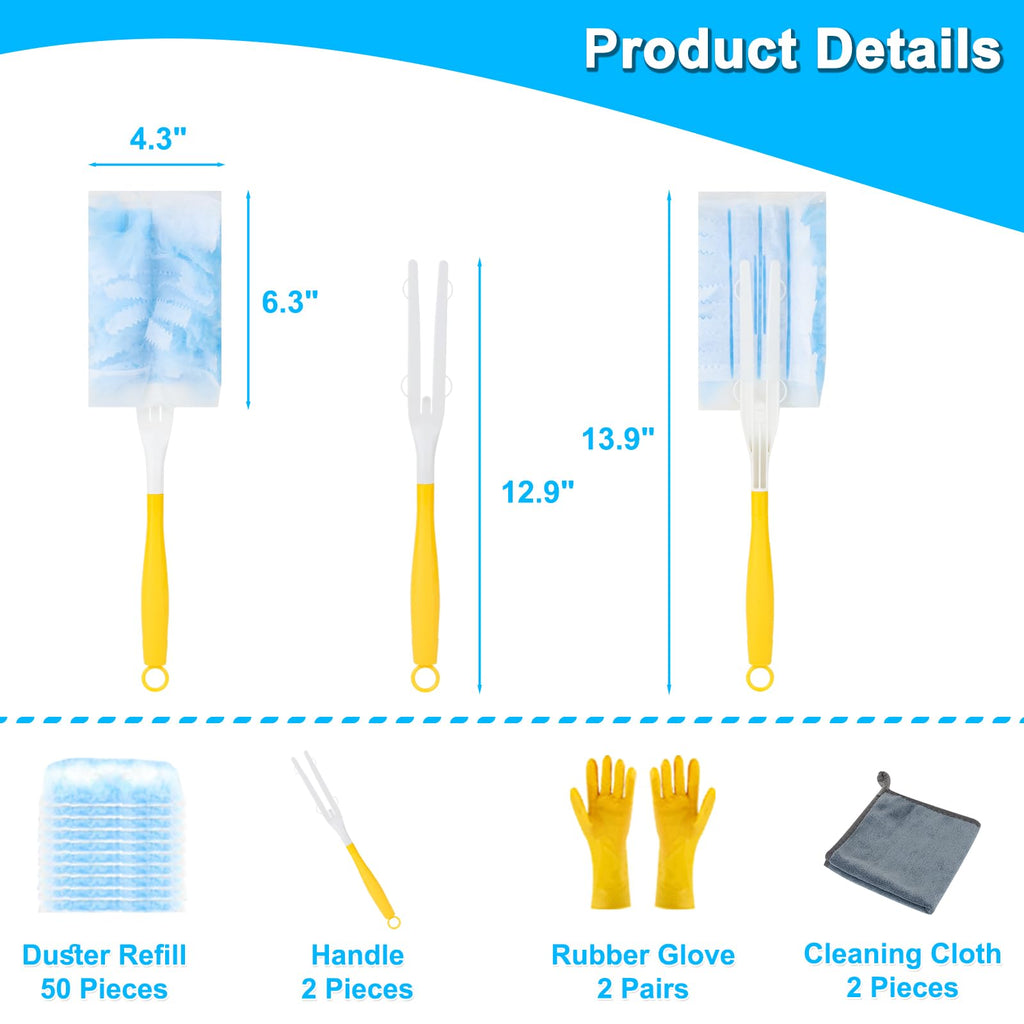 50 Pack Dusters Refill for Cleaning with 2 Handles, Heavy Duty Disposable Dusters Kit Unscented Replacement Head Dust Removal Brush for Electronics, Furniture, Blinds, Ceiling Fans, Walls