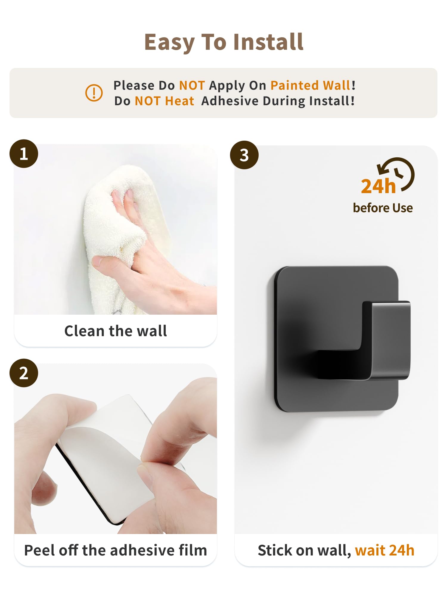 Square Self Adhesive Towel Hooks - 4 Pack Matte Black Stylish Hooks for Hanging Towels, Robes, Hats, and Keys in Bathrooms, Closets, Cabinets, and Behind Doors