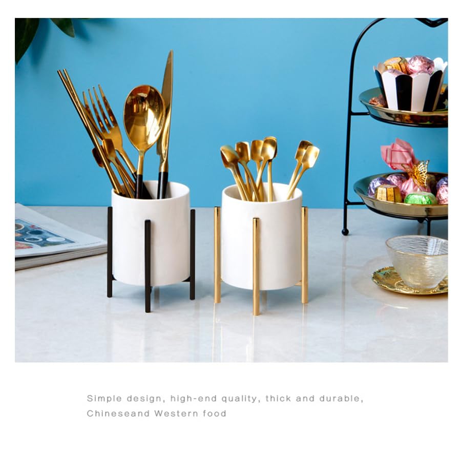 Office Pencil Holder Desktop Pen folder White ceramic With Metal Frame(1Pack 4.6 3.14in),Gold