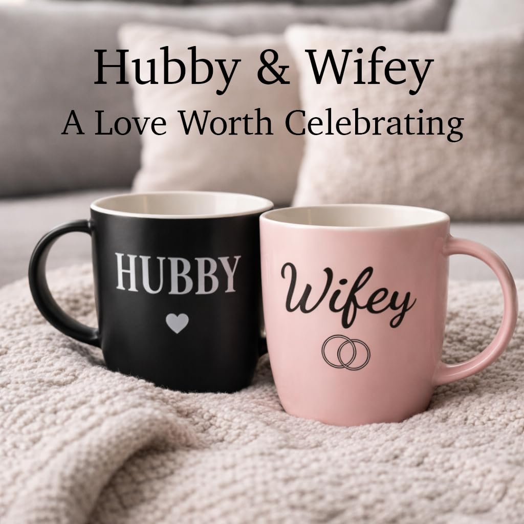 Triple Gifffted Hubby and Wifey Coffee Mugs Set, Mr and Mrs Couples Gift for Wedding, Anniversary, Engagement, Valentines, Christmas Day, His Hers Present for Husband Wife, Newlyweds, 13oz Ceramic
