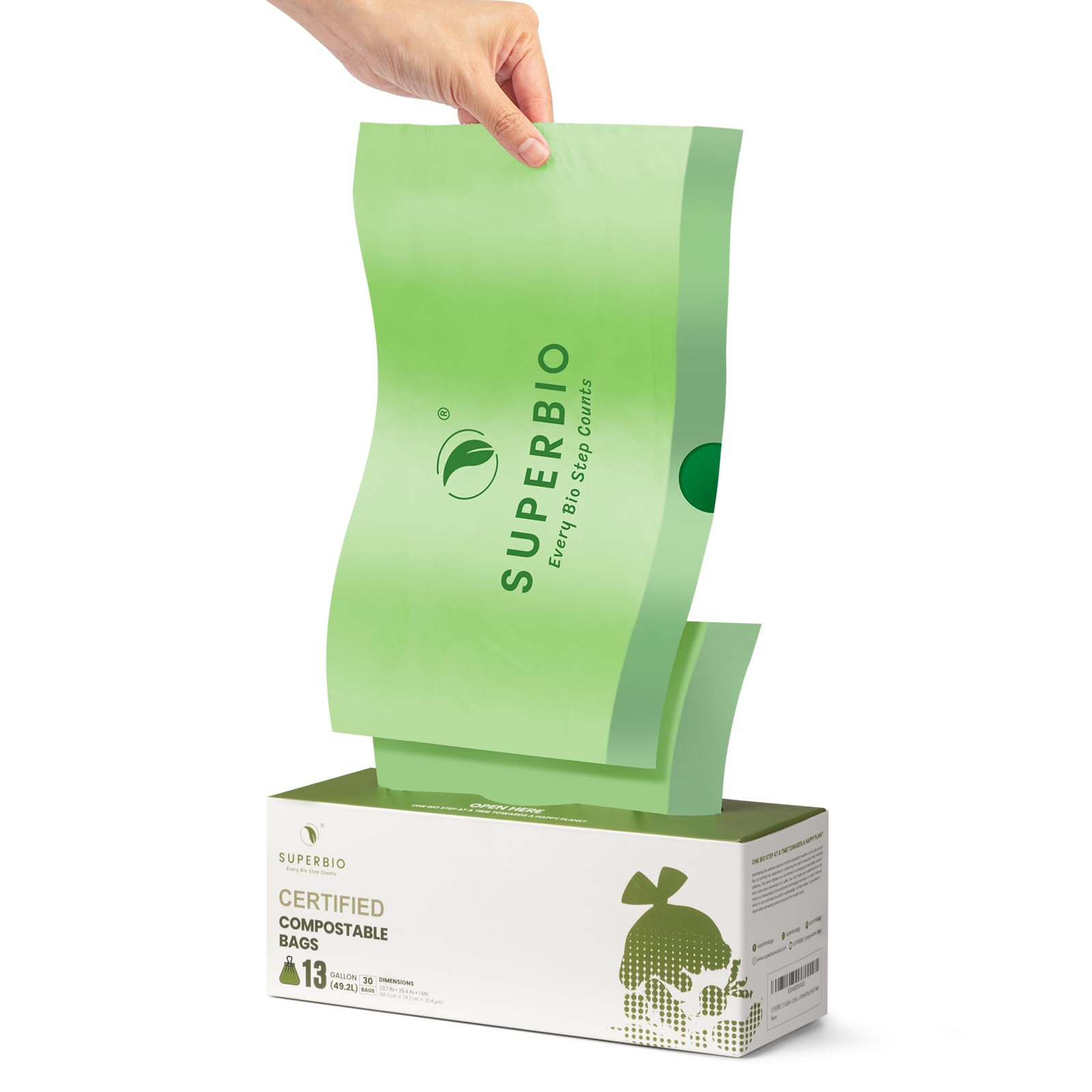 SUPERBIO Compostable Drawstring Kitchen Waste Bag, 49.2 L, 30 Count,1 Mil, Heavy Duty Food Scrap Bags, BPI, Seedling and OK compost INDUSTRIAL