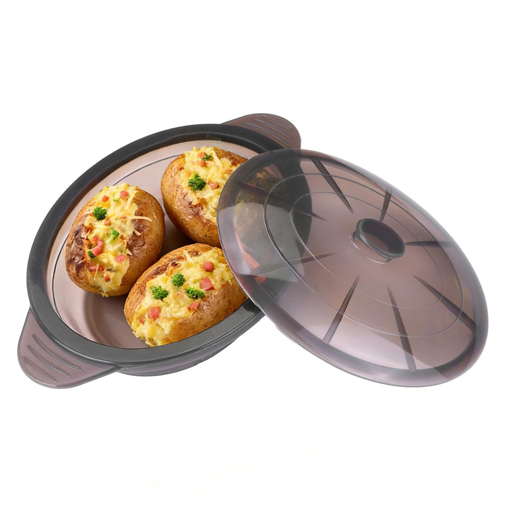 Microwave Steamer Cooker Collapsible Bowl-Silicone Steamer Cookware with Handle Lid for Vegetables Fish Prep Meal Food with Removable Rack BPA Free, Easy to Store, Freezer & Dishwasher Safe