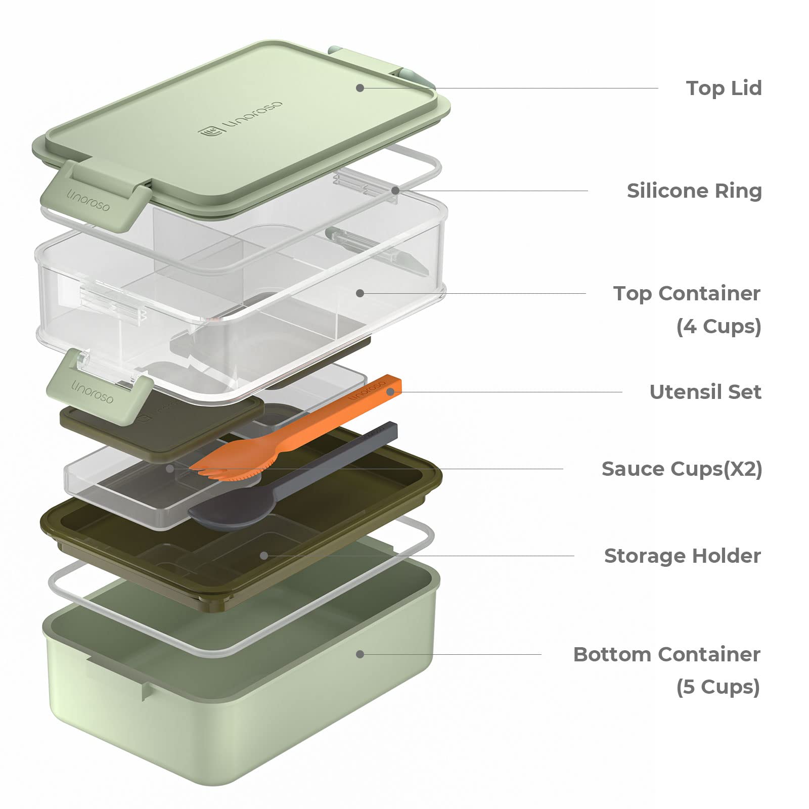 Linoroso Stackable Bento Box Adult Lunch Box | Meet All You On-the-Go Needs for Food, Salad and Snack Box, Premium Bento Lunch Box for Adults Include Utensil Set, Dressing Containers - Pale Mint