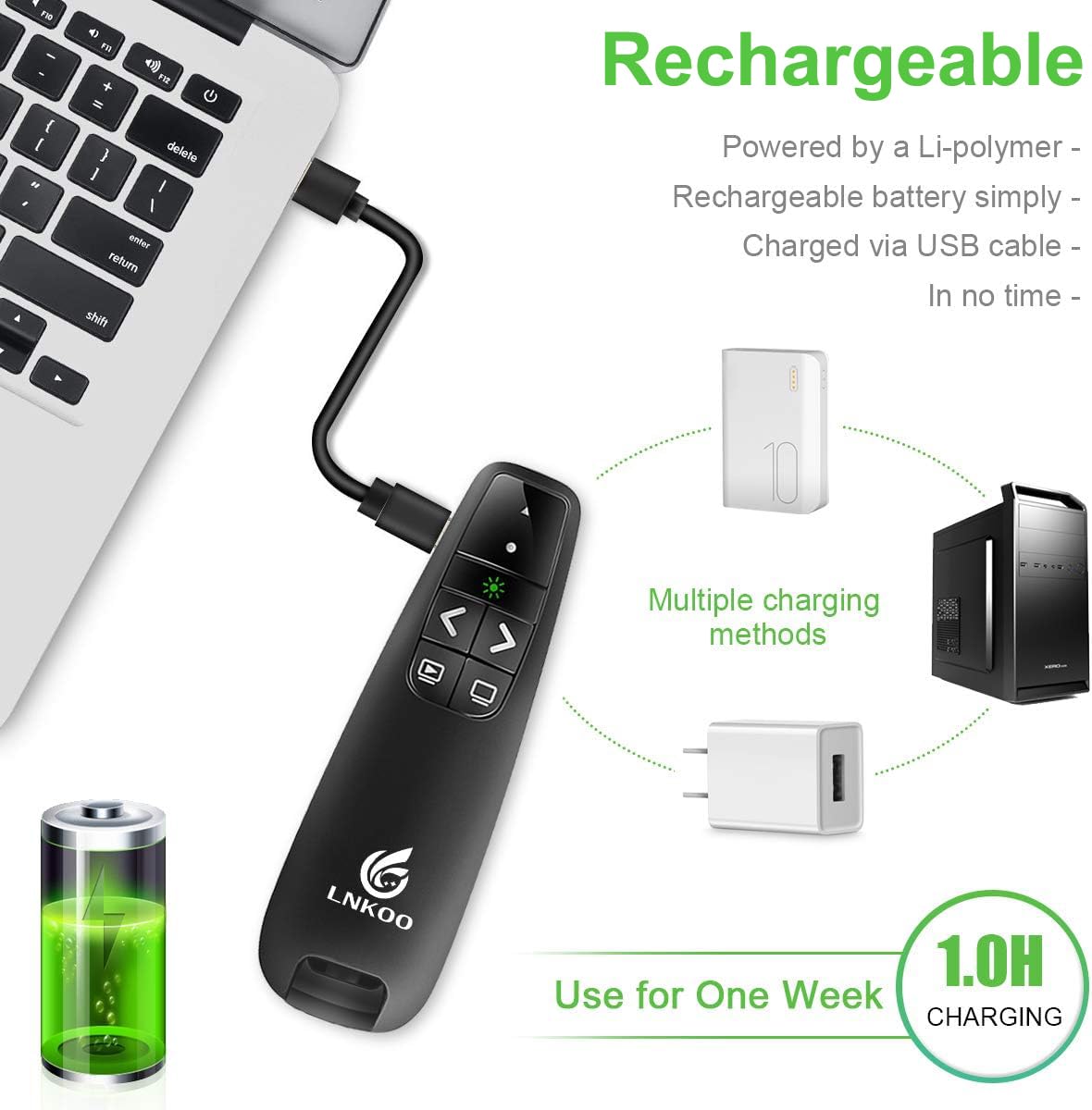 LNKOO Presentation Remote, RF 2.4GHz Wireless Presenter Green Light PowerPoint PPT Presentation clicker 2 in 1 USB and Type C Remote Control Slideshow Advancer Clicker