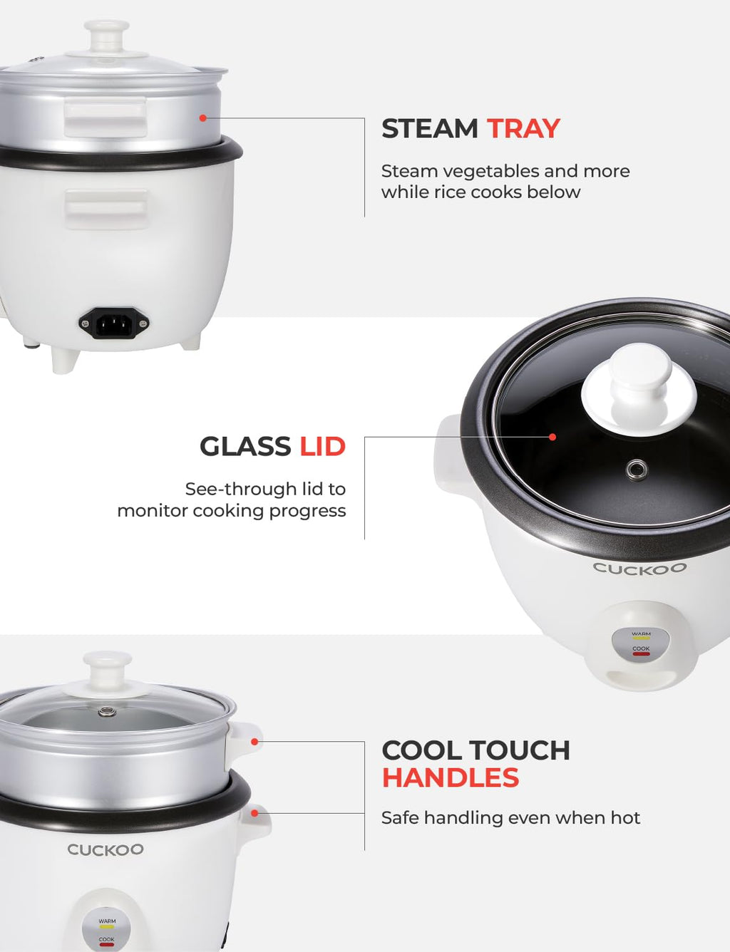 CUCKOO One Touch Rice Cooker 3-Cup (Uncooked) / 6-Cup (Cooked), Mini Rice Cooker & Warmer with Steamer Tray, Versatile Grain Cooker, Soup Maker, Auto Keep Warm, White (CR-0301C)