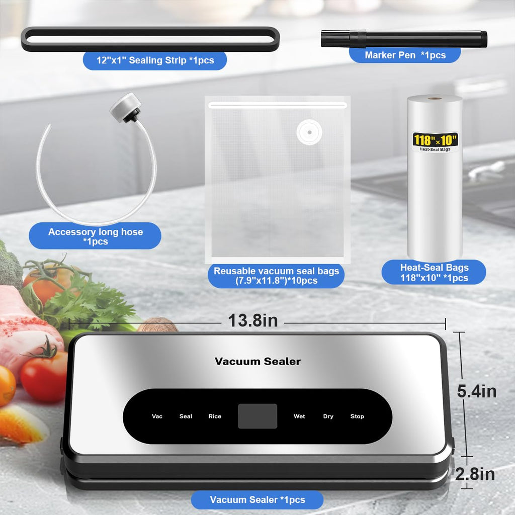 Gyreuni 8 in 1 Food Vacuum Sealer with Bags Kit,Multi-function Vacuum Sealer for Food Built-in UV Cutter/Bag Storage Act on Dry Wet oil Crispy,Attached Bag Rolls/10 Vacuum bags/Marker Pen