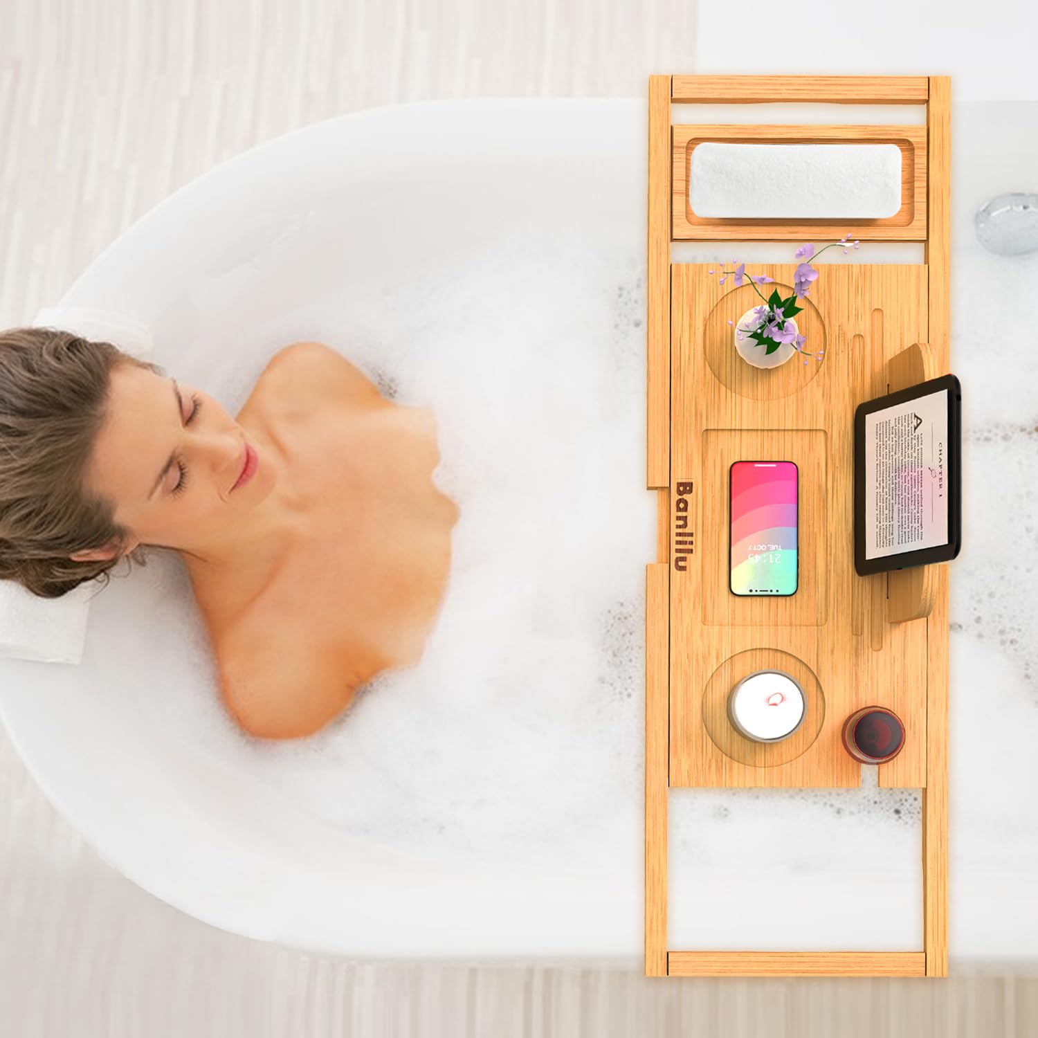 Premium Bamboo Bathtub Tray Caddy - Bath Tray Adjustable - Bathroom Trays for Bathtub,Expandable Size, Fits Most Bath Tubs
