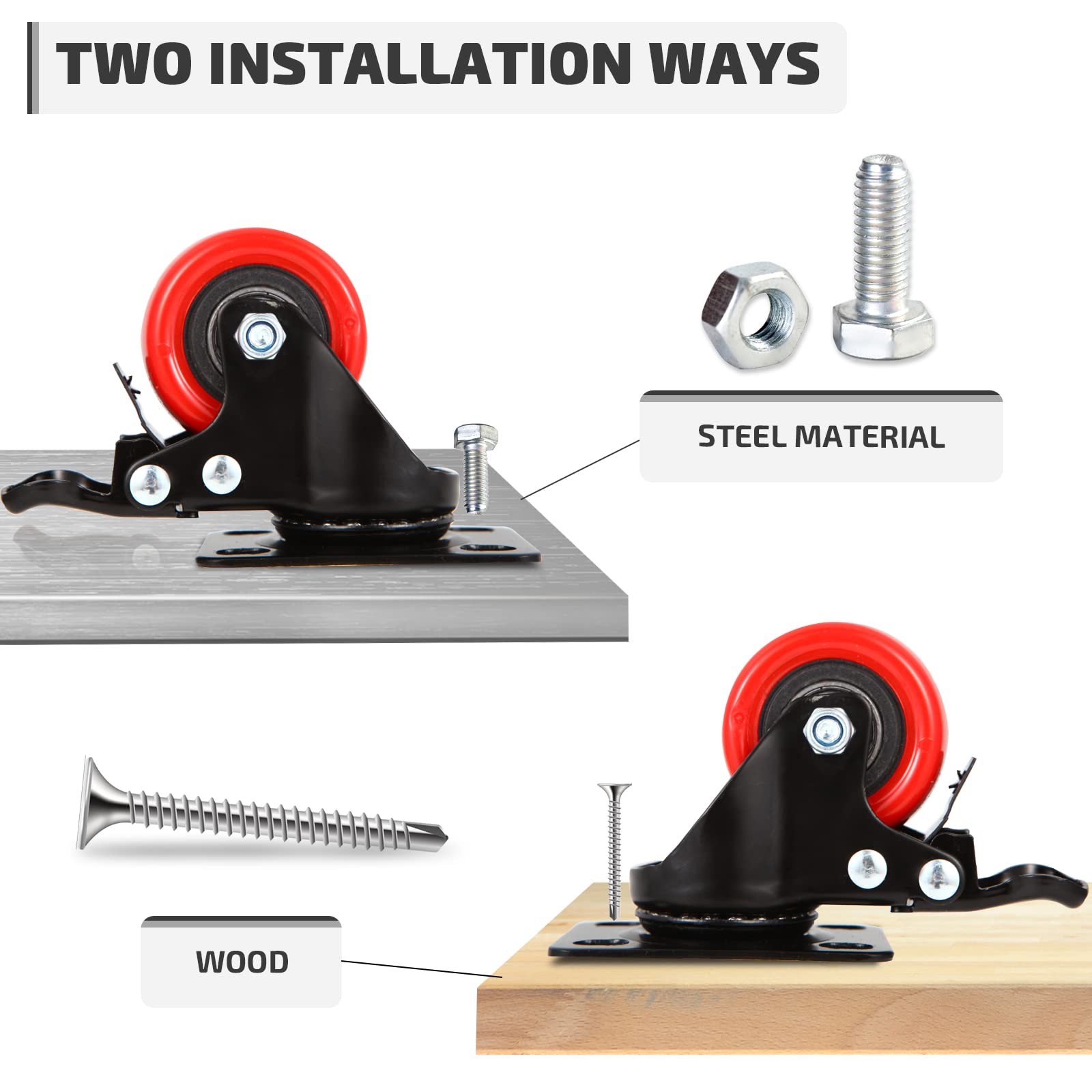 Nefish 2 Inch Casters Set of 4, Heavy Duty Top Plate Caster Wheels with Brake 600 Lbs, Durable Locking Furniture Castors, 360 Degree Swivel Casters, No Noise Polyurethane Wheels for Cabinet, Furniture