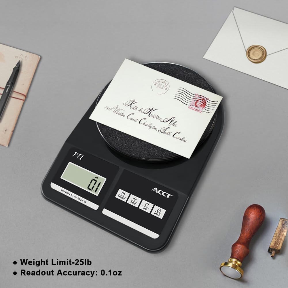 ACCT Postal Scale, 25lb-0.1oz High Accuracy, Shipping Scale for Office/Small Business/Mail/Envelope, 5 Units, Hold Function, Postage Scale with Battery