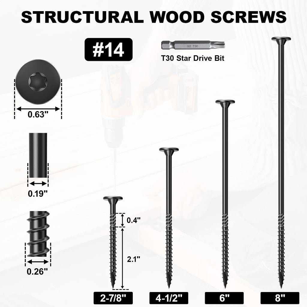 FMhotu #14 Heavy-Duty Wood Screws, Star Drive Deck Screws, Rust Resistant Timber Screws for Timber/Log/Landscaping Wood (2-7/8 Inch,50Pcs,Black)