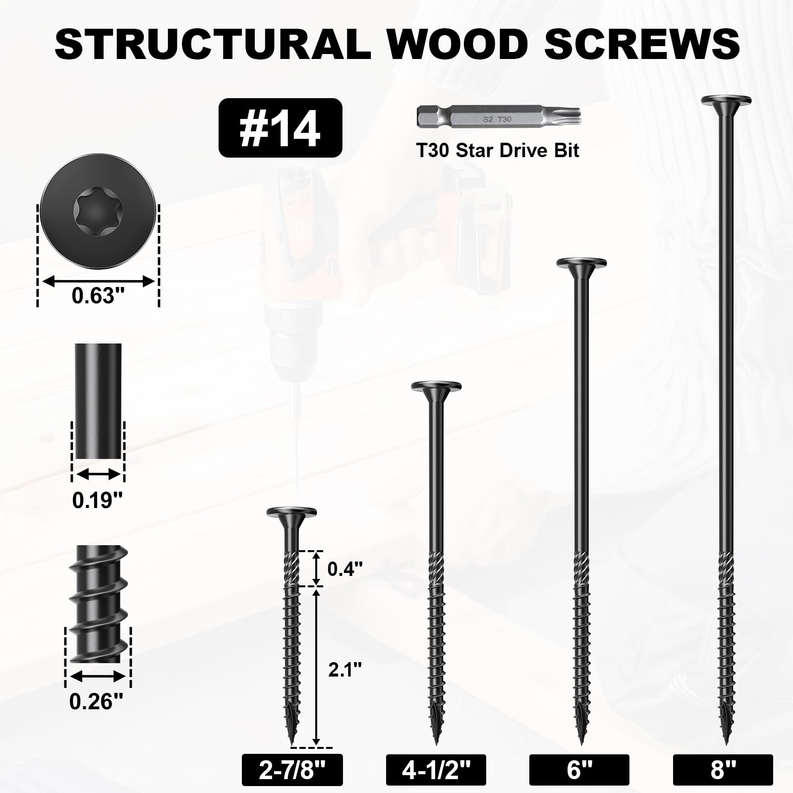 FMhotu #14 Heavy-Duty Wood Screws, Star Drive Deck Screws, Rust Resistant Timber Screws for Timber/Log/Landscaping Wood (2-7/8 Inch,50Pcs,Black)