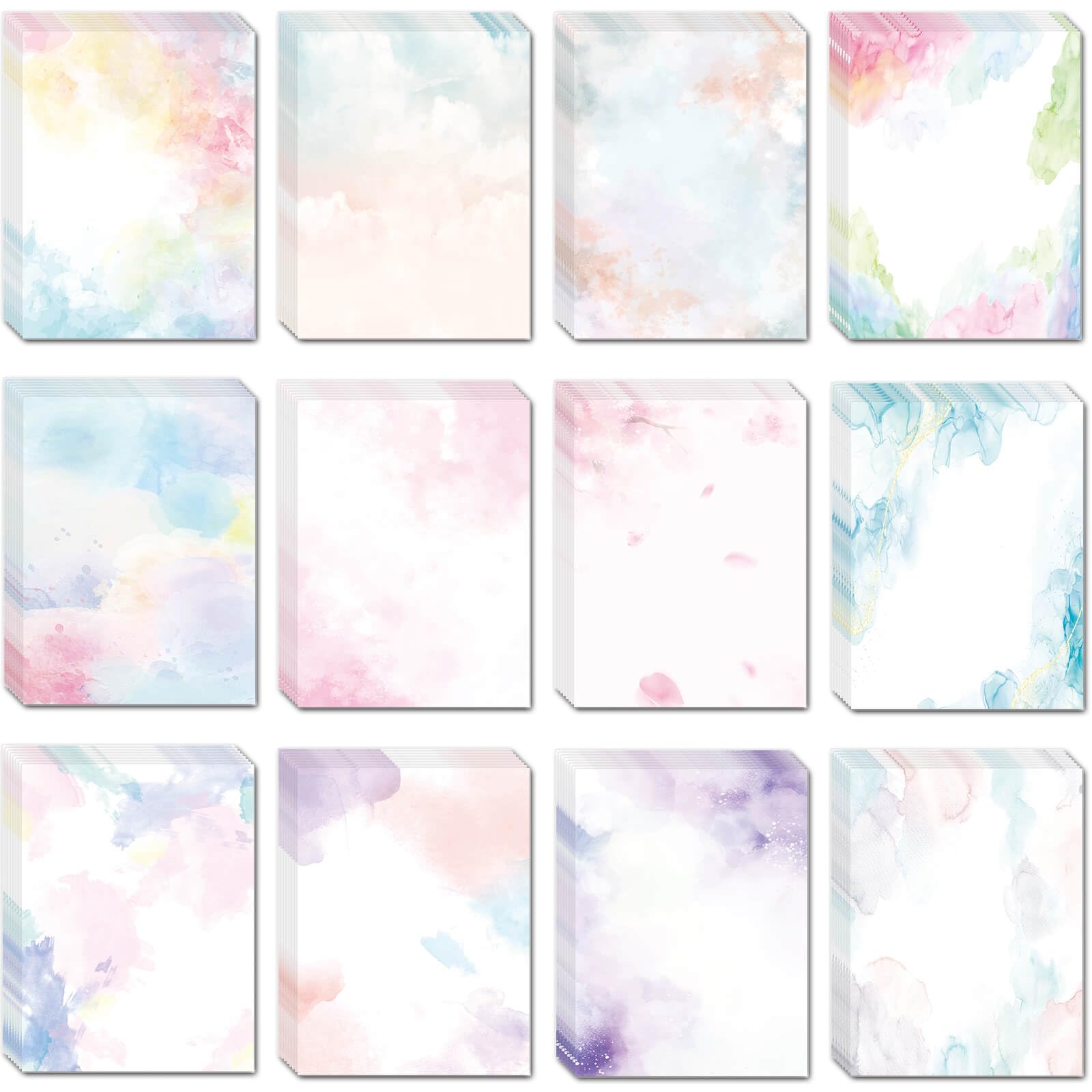 DUGUTUL Watercolor Stationary Paper, 100 gsm Printer Paper 8.5 x 11, 12 designs, Double-Sided, Colored Paper for Writing Letters and Invitations, Writing Paper for Business or Personal Use (48)