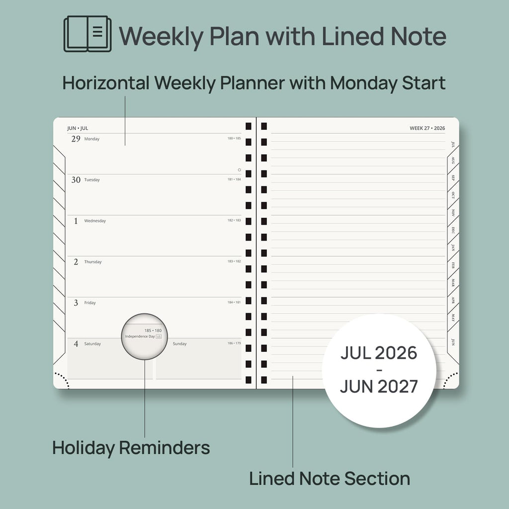 POPRUN Agenda 2026-2027 Weekly Planner Notebook (Medium-6.5"x 8.5") Academic Calendar (JUL.26 - JUN.27) Appointment Book with Monthly Tabs, Inner Pocket, Spiral Soft Cover, 100 GSM - Brown