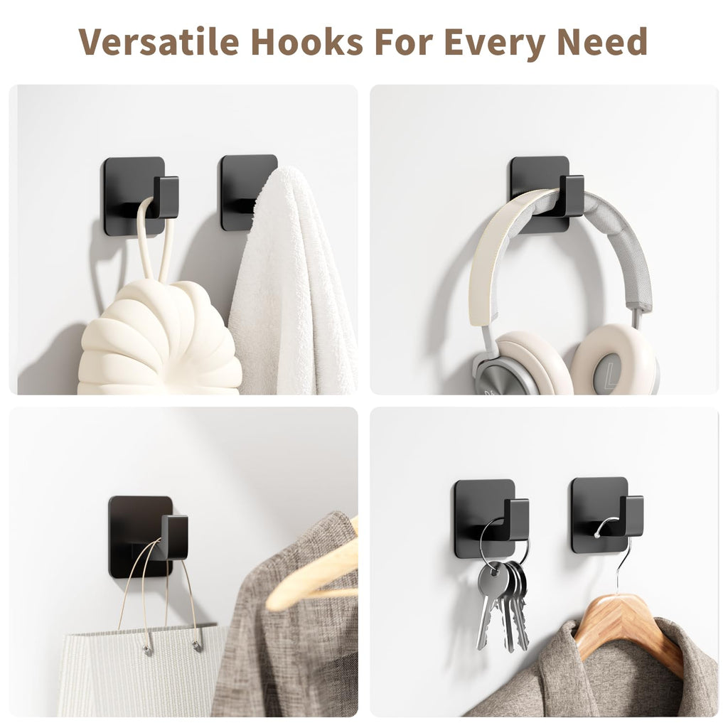 Square Self Adhesive Towel Hooks - 4 Pack Matte Black Stylish Hooks for Hanging Towels, Robes, Hats, and Keys in Bathrooms, Closets, Cabinets, and Behind Doors
