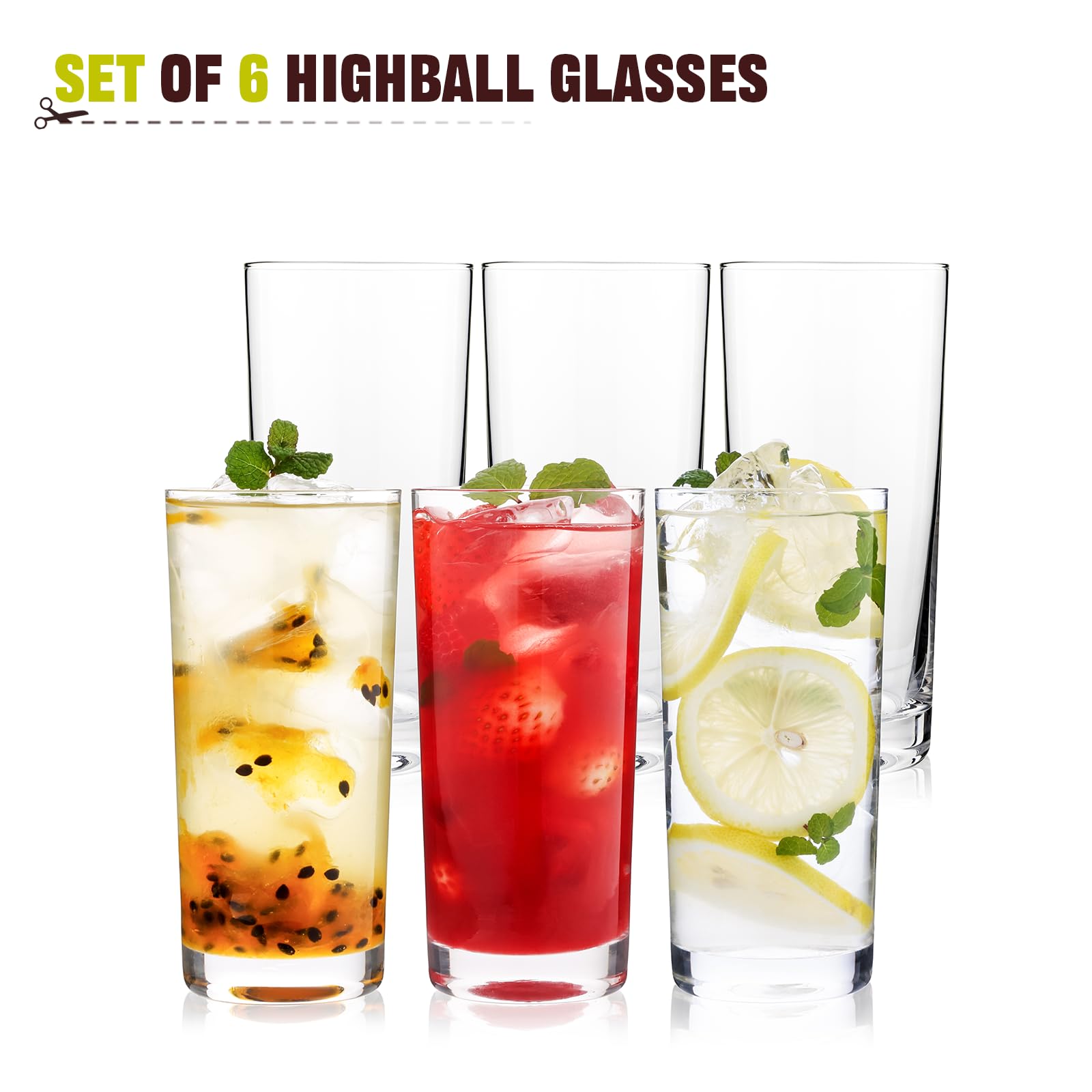 Highball Glasses Set of 6, 16oz Tall Drinking Glasses, Water Glass for Kitchen, Tom Collins Glass, Cocktail Glasses for Bar Glassware