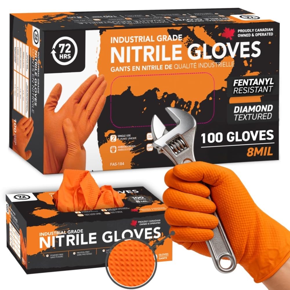 72HRS Industrial Grade Nitrile Gloves - Mechanic Gloves, 8 Mil Nitrile Gloves, Nitrile Gloves, Auto Mechanic Gloves, Rubber Mechanic Gloves, Disposable Gloves, Orange Shop Gloves (100 Pieces, Large)