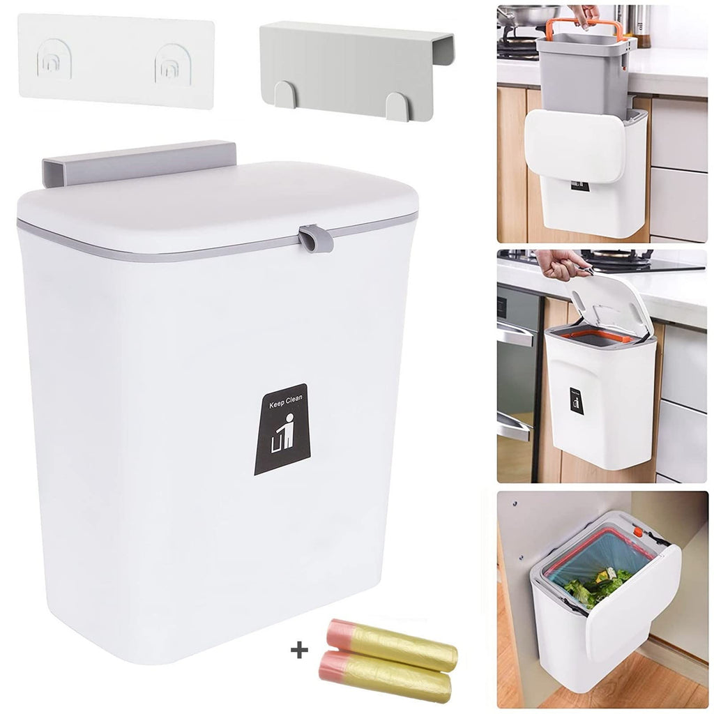 Hanging Trash Can with Lid for Under Sink or Cabinet Door, 2.4 Gallon Kitchen Compost Bin with Inner Bucket, Garbage Can for Cupboard/Bathroom/Bedroom/Office/Camping, Wall Mounted Indoor, White