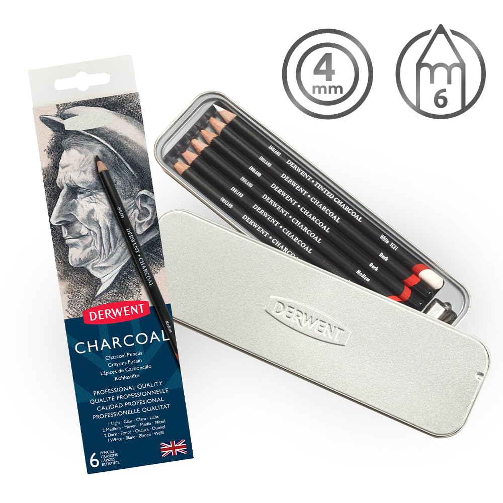 Derwent Charcoal Pencils, Metal Tin, 6 Count (0700838), Black/White