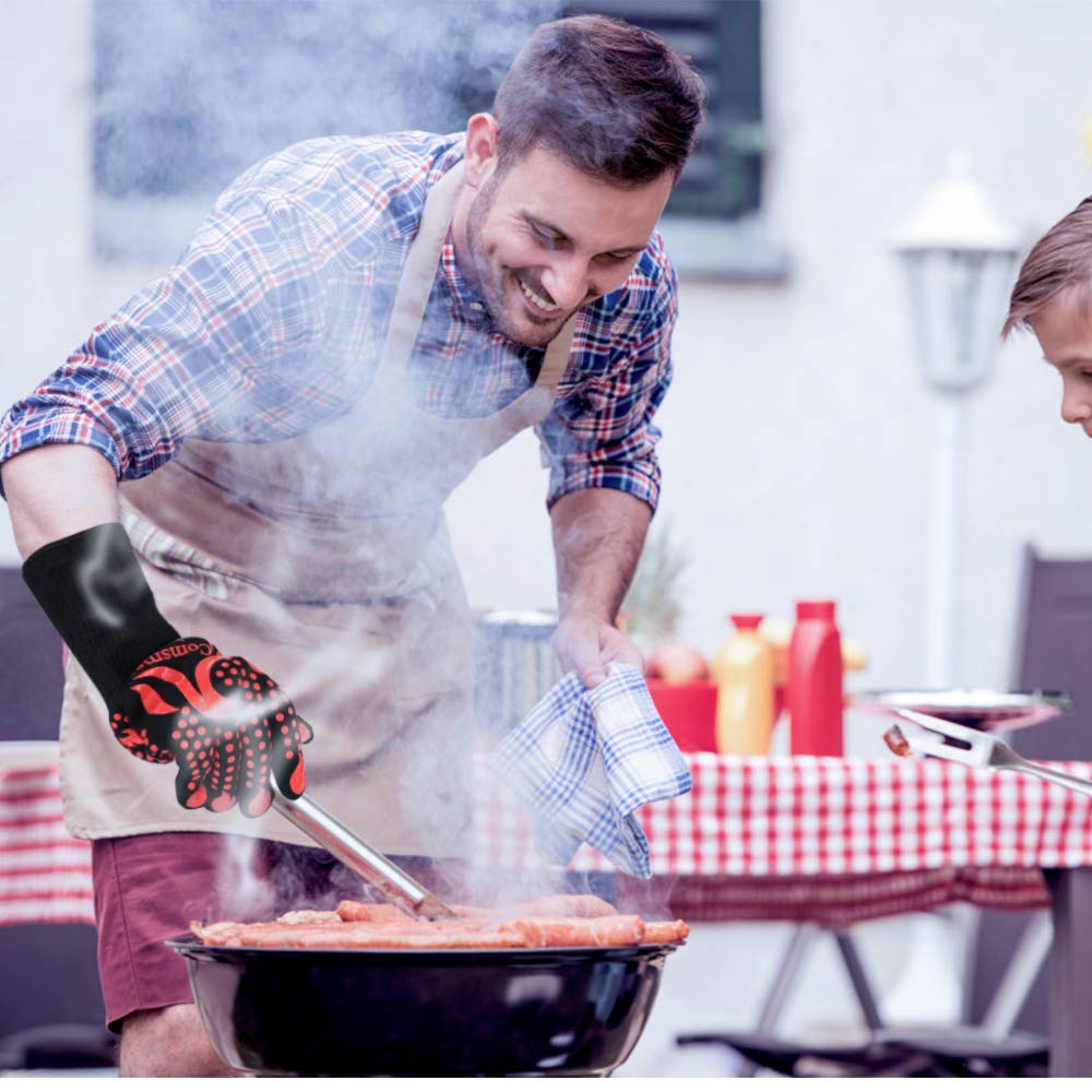 Comsmart BBQ Gloves, 1472 Degree F Heat Resistant Grilling Gloves Silicone Non-Slip Oven Gloves Long Kitchen Gloves for Barbecue, Cooking, Baking, Cutting, Red