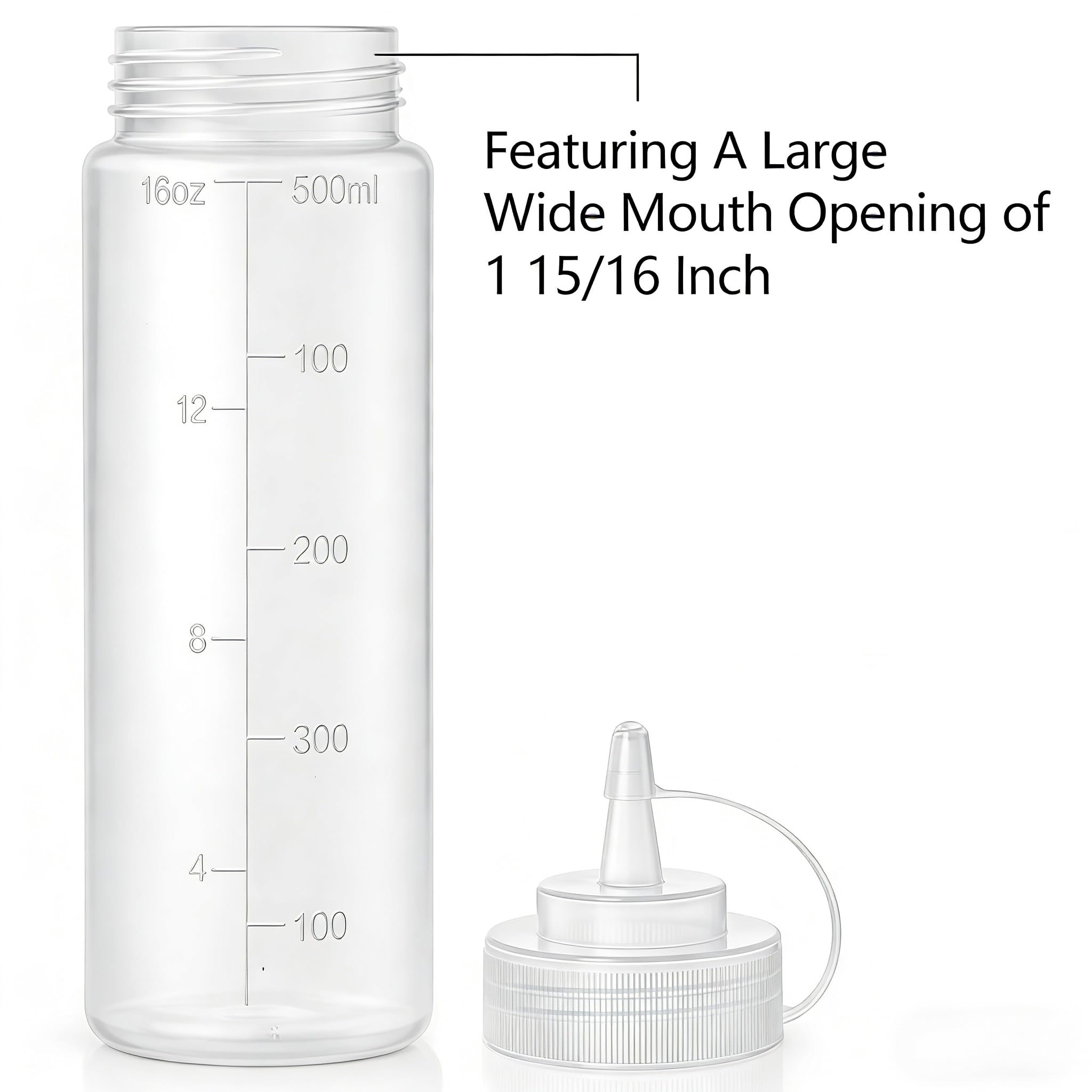 Bekith 12 Pack 16 Oz Plastic Squeeze Condiment Bottles with Twist On Cap Lids and Discrete Measurements, Wide Mouth Empty Squirt Bottle for Sauce, Ketchup, BBQ, Dressing, Paint, Pancake Art Dispenser