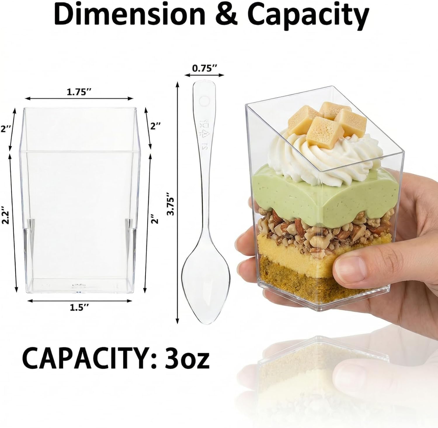Okllen 100 Pack 3 Oz Mini Dessert Cups with Spoons, Clear Slanted Square Dessert Tumbler Thick Plastic Shot Glasses, Appetizer Parfait Cups Small Serving Bowls for Ice Cream, Puddings, Tasting Party