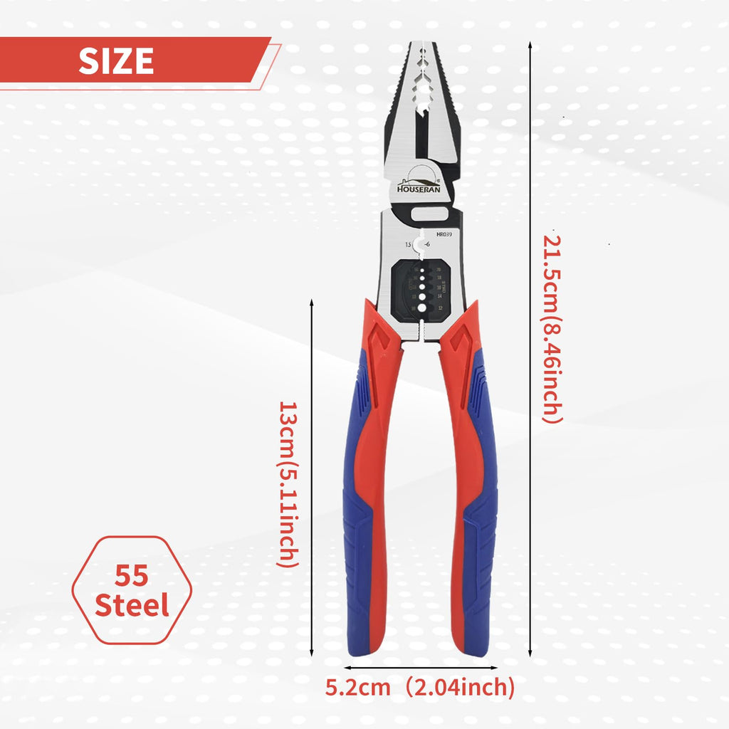HOUSERAN Linemans Pliers, Combination Pliers with Wire Stripper and Crimper, 8 Inch Lineman Plier, 5-in-1 Linesman for Cutting, Crimping, Stripping