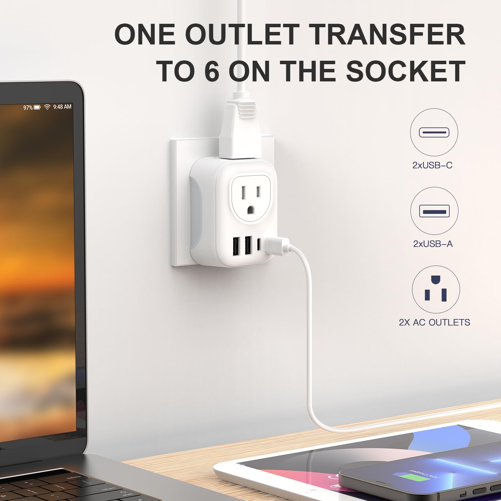 European Travel Plug Adapter, DIWILI International Power Plug with 2 AC Outlets 4 USB Ports(2 USB C), Type C Travel Essentials Charger for Canada to Most of Europe EU Italy Spain France