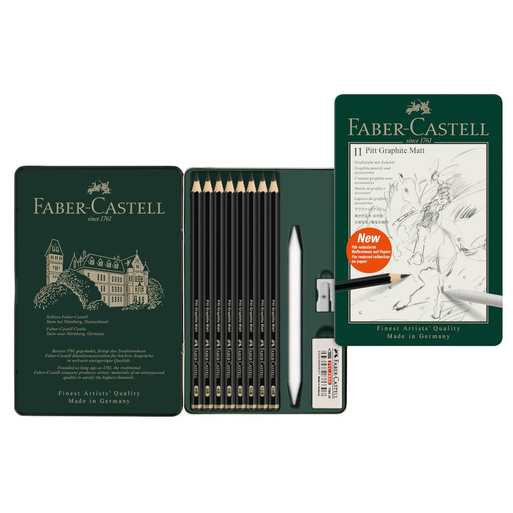 Faber-Castell Pitt Graphite Matte Pencil Set, Metal Tin of 8 Graphite Pencils and Sketching Accessories (HB, 2B, 4B, 6B, 8B, 10B, 12B, 14B), Pencil Sharpener, Eraser and Blending Stump