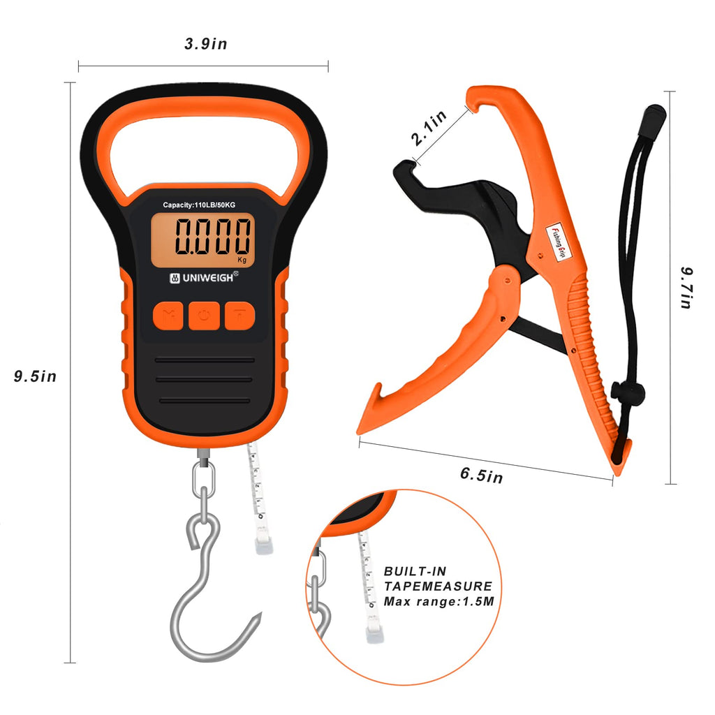 UNIWEIGH Digital Fish Scale Luggage Scale with Fish Lip Gripper, Backlight LCD Display 110lb/50kg Electronic Balance Digital Fishing Postal Hanging Hook Luggage Scale 2 AAA Batteries Included