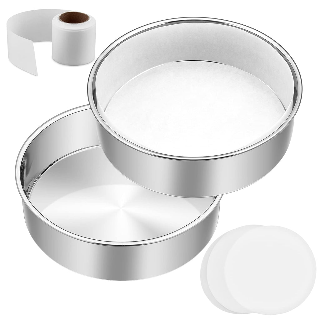 6 Inch Cake Pan Set of 2, E-Far Stainless Steel Round Layer Smash Cake Baking Pans with Parchment Rounds & Side Liner Roll, Non-Toxic & Healthy Metal Cakes Tin, Straight Side & Dishwasher Safe