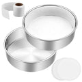 6 Inch Cake Pan Set of 2, E-Far Stainless Steel Round Layer Smash Cake Baking Pans with Parchment Rounds & Side Liner Roll, Non-Toxic & Healthy Metal Cakes Tin, Straight Side & Dishwasher Safe