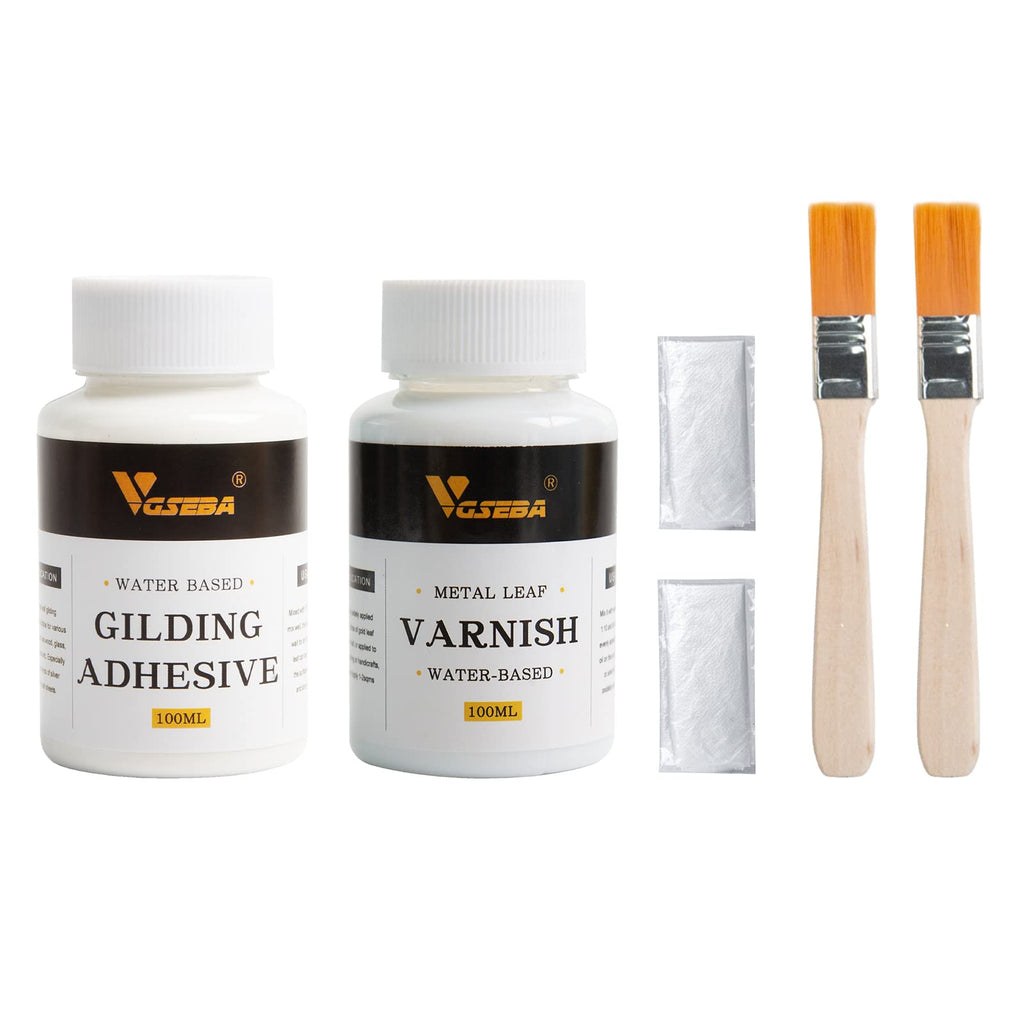 Gold Leaf Gilding Adhesive Set, 100ml Epoxy Resin Water Based Metal Leaf Glue and 100ml Varnish for Crafts, Arts, Wood, Glass (Come with 2 Brushes+2 Gloves)