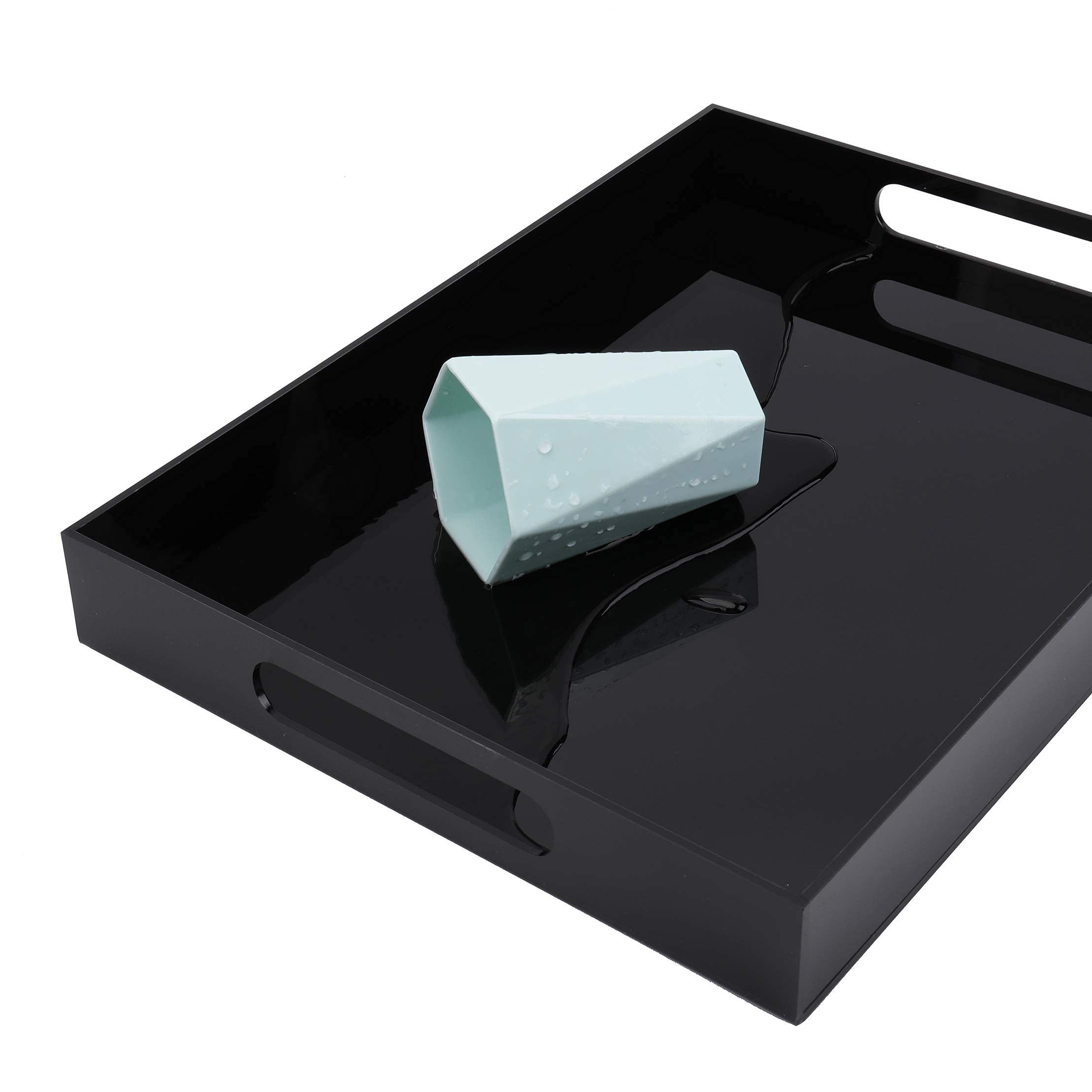 WUWEOT Acrylic Serving Tray, 16" x 12" Spill Proof Rectangle Tray with Handle for All Occasion's, Decorative Tray Organiser for Food, Tea, Breakfast, Ottoman or Coffee Table, Black