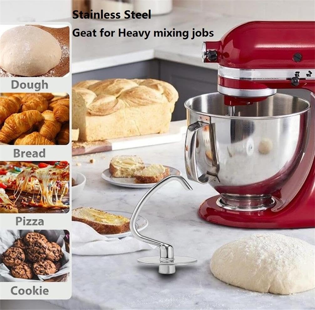 Dough Hook Dishwasher Safe for Kitchen Aid Tilt-Head and 4.5-5.0 Quart Mixers, Polished Stainless Steel Kneading Attachment for Bread,Pasta, Pizza...